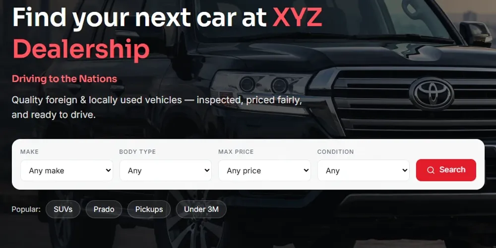 A car dealership website homepage with a vehicle search by make, body type, price and condition